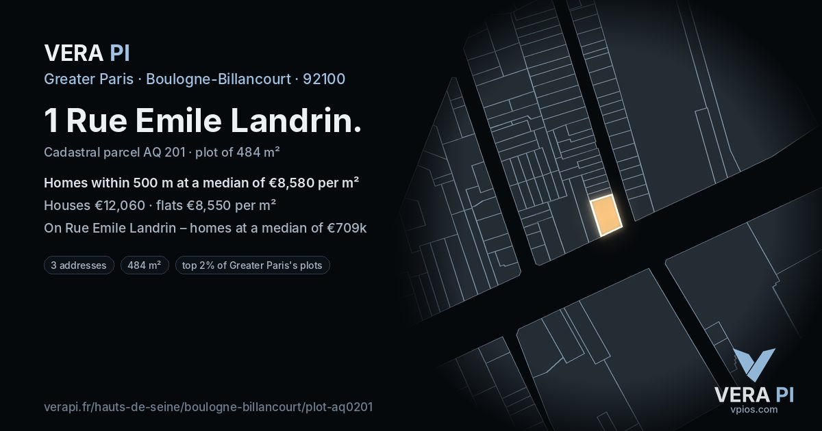 1 Rue Emile Landrin, Boulogne-Billancourt at night – the plot lit, the parcels around coloured by the prices near them