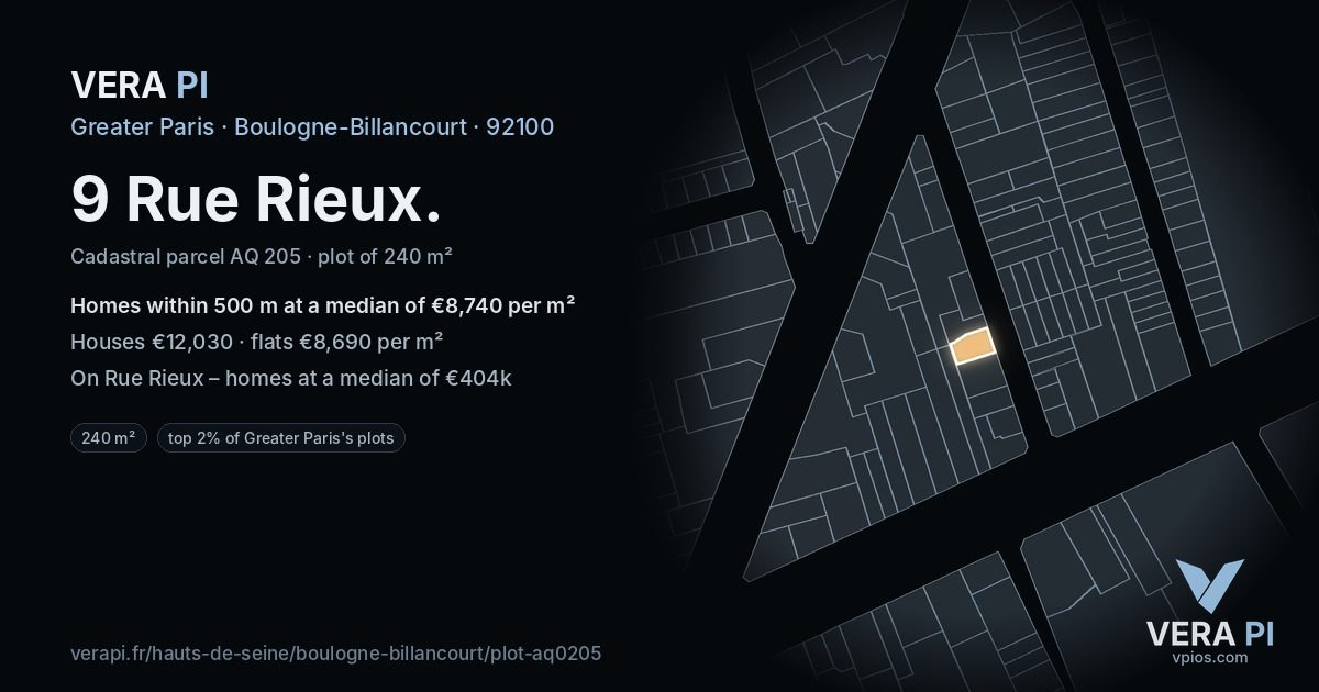 9 Rue Rieux, Boulogne-Billancourt at night – the plot lit, the parcels around coloured by the prices near them