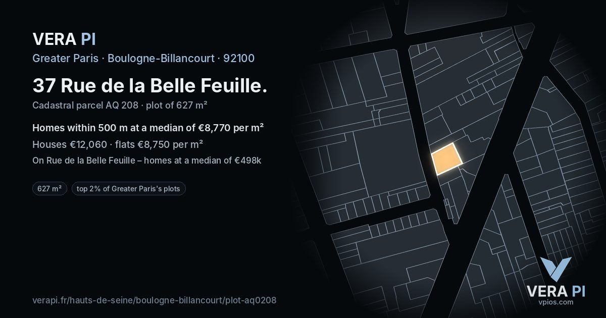37 Rue de la Belle Feuille, Boulogne-Billancourt at night – the plot lit, the parcels around coloured by the prices near them