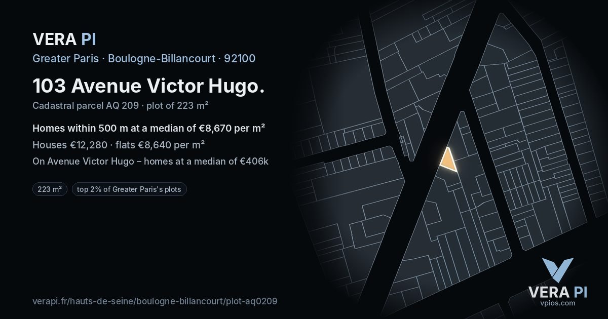 103 Avenue Victor Hugo, Boulogne-Billancourt at night – the plot lit, the parcels around coloured by the prices near them