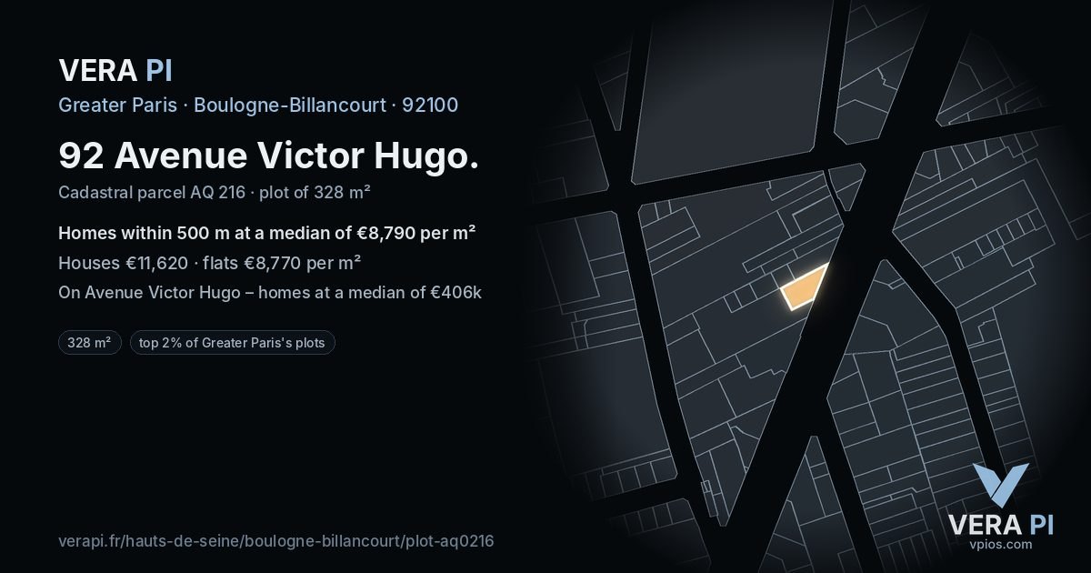 92 Avenue Victor Hugo, Boulogne-Billancourt at night – the plot lit, the parcels around coloured by the prices near them