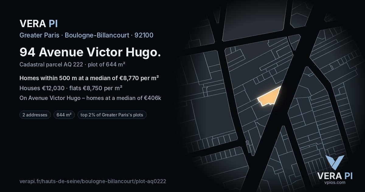 94 Avenue Victor Hugo, Boulogne-Billancourt at night – the plot lit, the parcels around coloured by the prices near them
