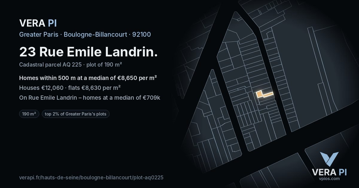 23 Rue Emile Landrin, Boulogne-Billancourt at night – the plot lit, the parcels around coloured by the prices near them