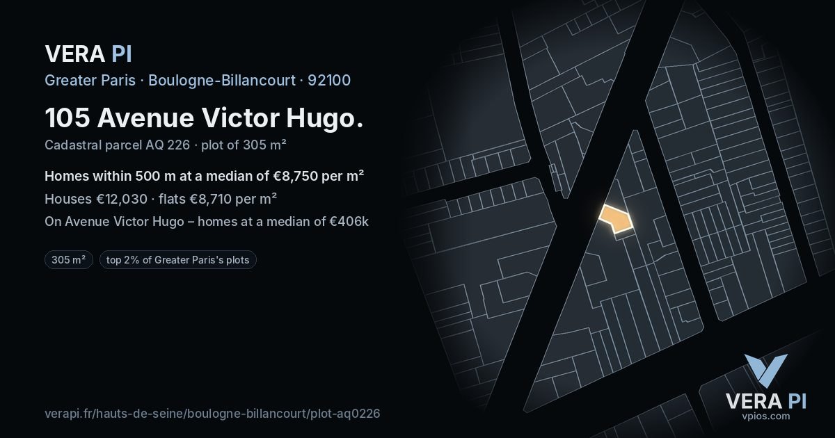 105 Avenue Victor Hugo, Boulogne-Billancourt at night – the plot lit, the parcels around coloured by the prices near them