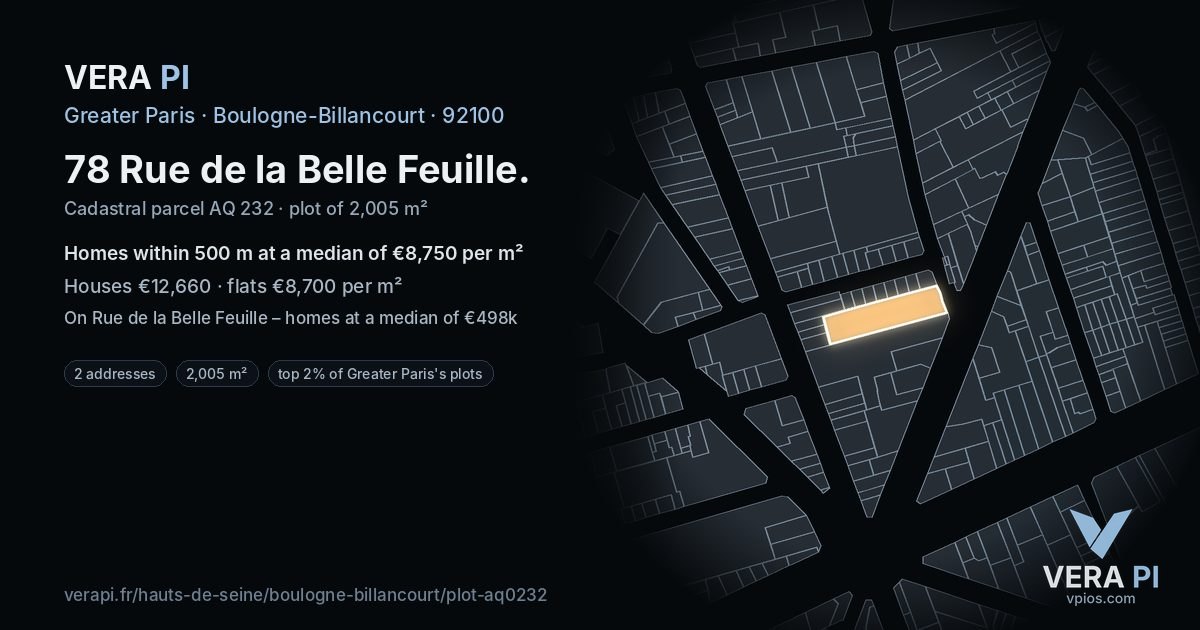 78 Rue de la Belle Feuille, Boulogne-Billancourt at night – the plot lit, the parcels around coloured by the prices near them