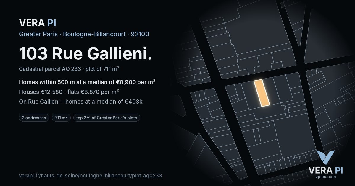 103 Rue Gallieni, Boulogne-Billancourt at night – the plot lit, the parcels around coloured by the prices near them