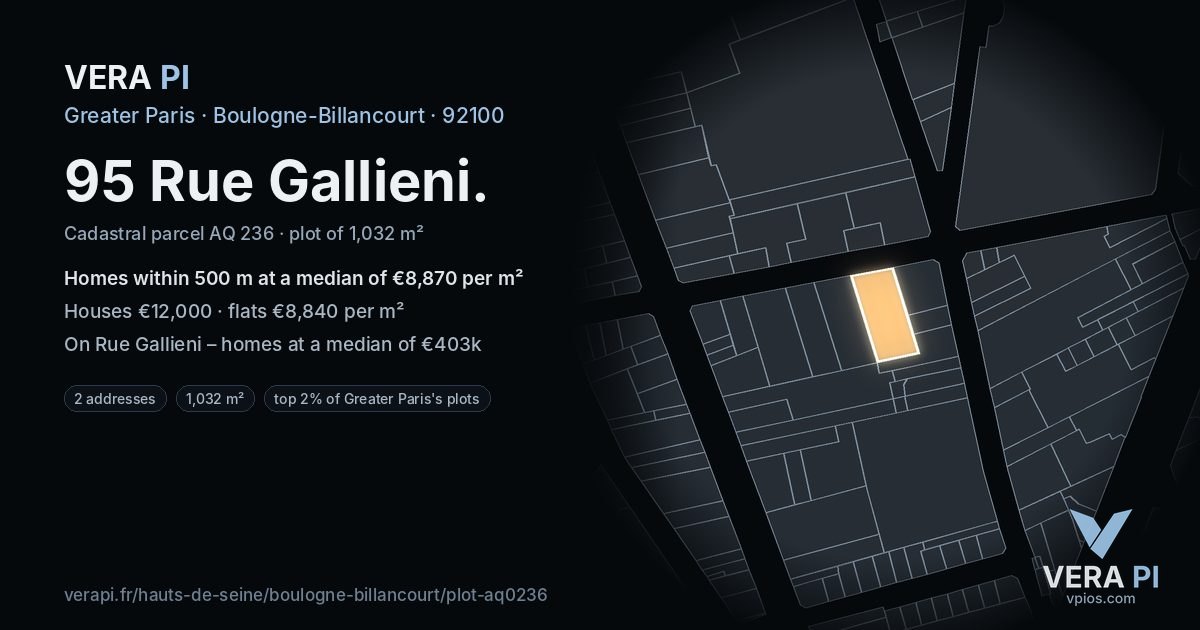 95 Rue Gallieni, Boulogne-Billancourt at night – the plot lit, the parcels around coloured by the prices near them