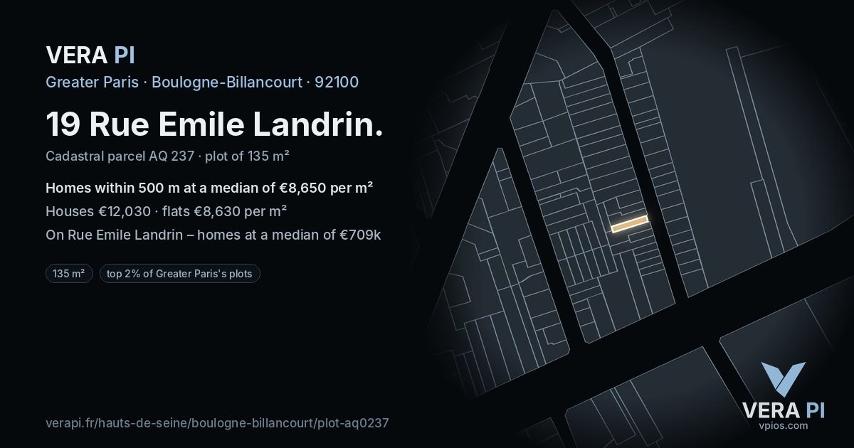 19 Rue Emile Landrin, Boulogne-Billancourt at night – the plot lit, the parcels around coloured by the prices near them