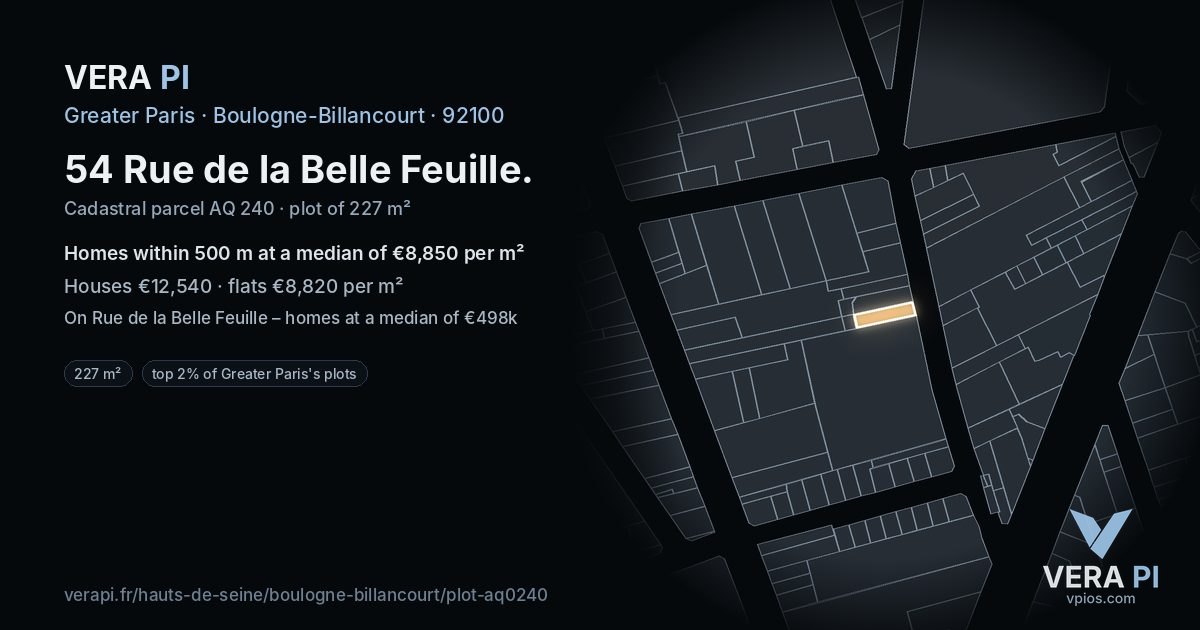 54 Rue de la Belle Feuille, Boulogne-Billancourt at night – the plot lit, the parcels around coloured by the prices near them