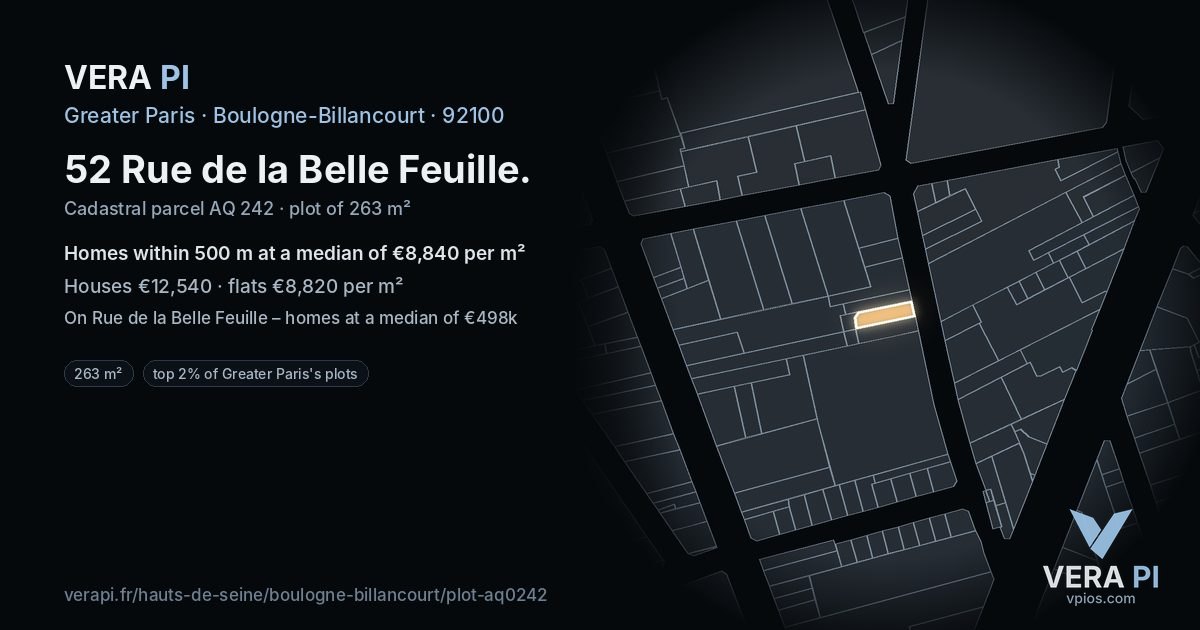 52 Rue de la Belle Feuille, Boulogne-Billancourt at night – the plot lit, the parcels around coloured by the prices near them