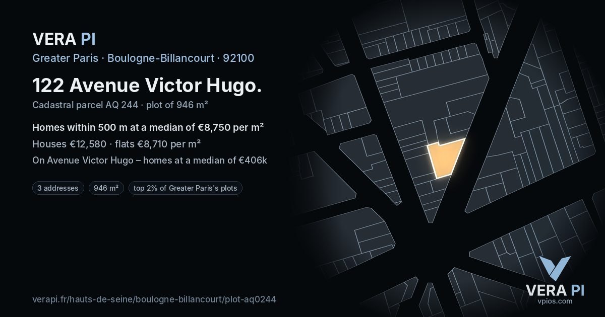 122 Avenue Victor Hugo, Boulogne-Billancourt at night – the plot lit, the parcels around coloured by the prices near them