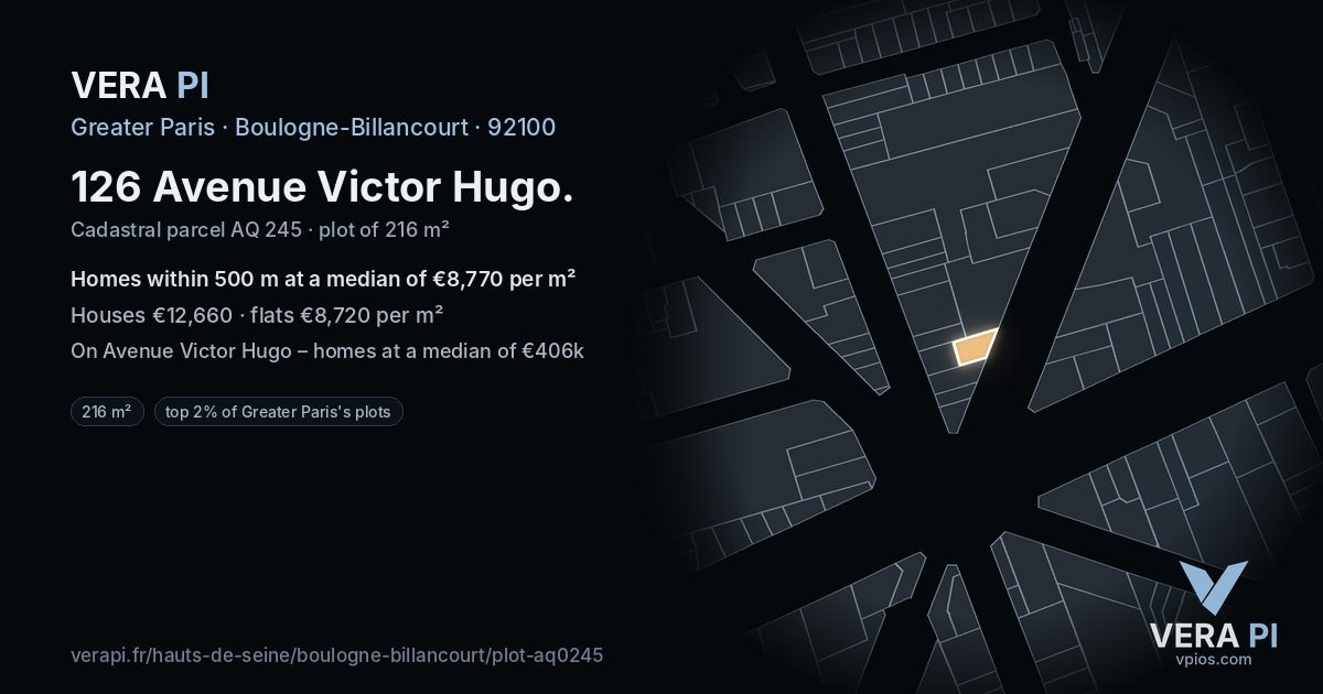 126 Avenue Victor Hugo, Boulogne-Billancourt at night – the plot lit, the parcels around coloured by the prices near them