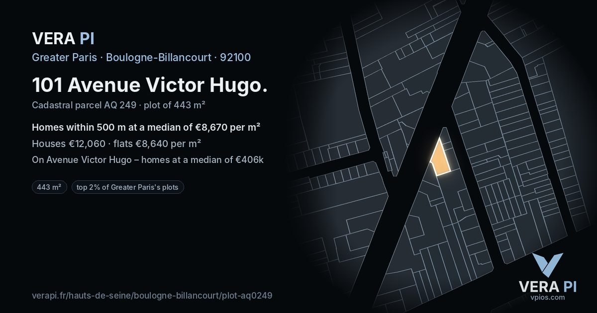101 Avenue Victor Hugo, Boulogne-Billancourt at night – the plot lit, the parcels around coloured by the prices near them