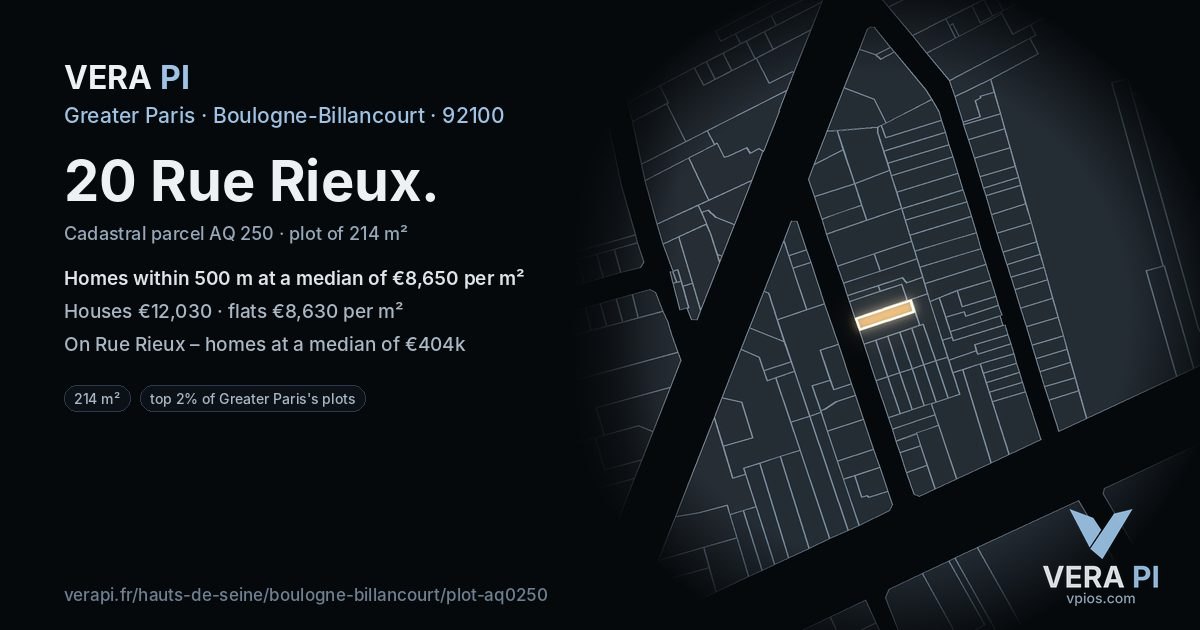 20 Rue Rieux, Boulogne-Billancourt at night – the plot lit, the parcels around coloured by the prices near them