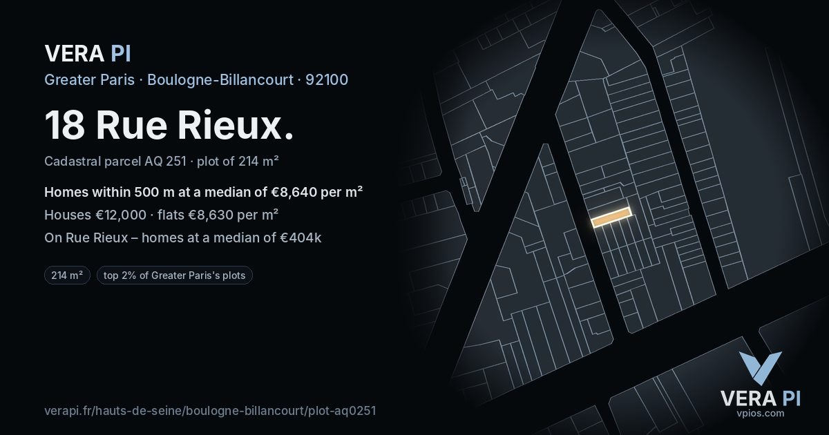 18 Rue Rieux, Boulogne-Billancourt at night – the plot lit, the parcels around coloured by the prices near them
