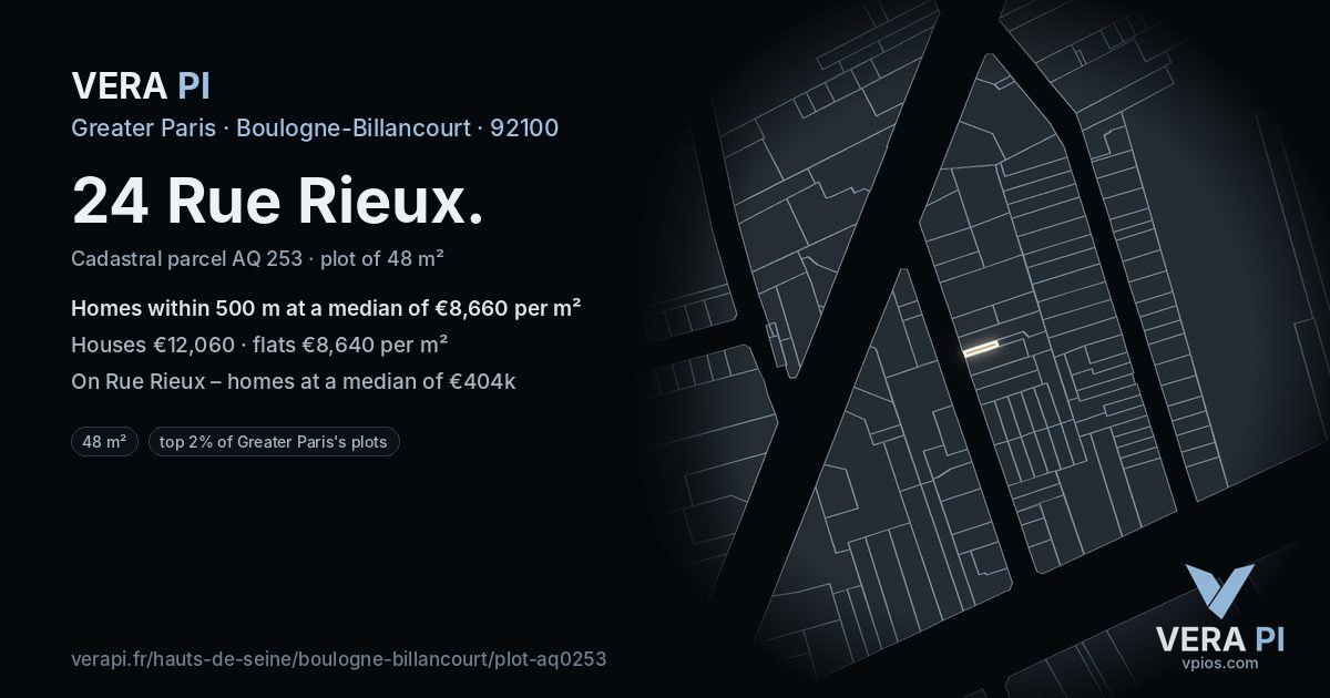 24 Rue Rieux, Boulogne-Billancourt at night – the plot lit, the parcels around coloured by the prices near them