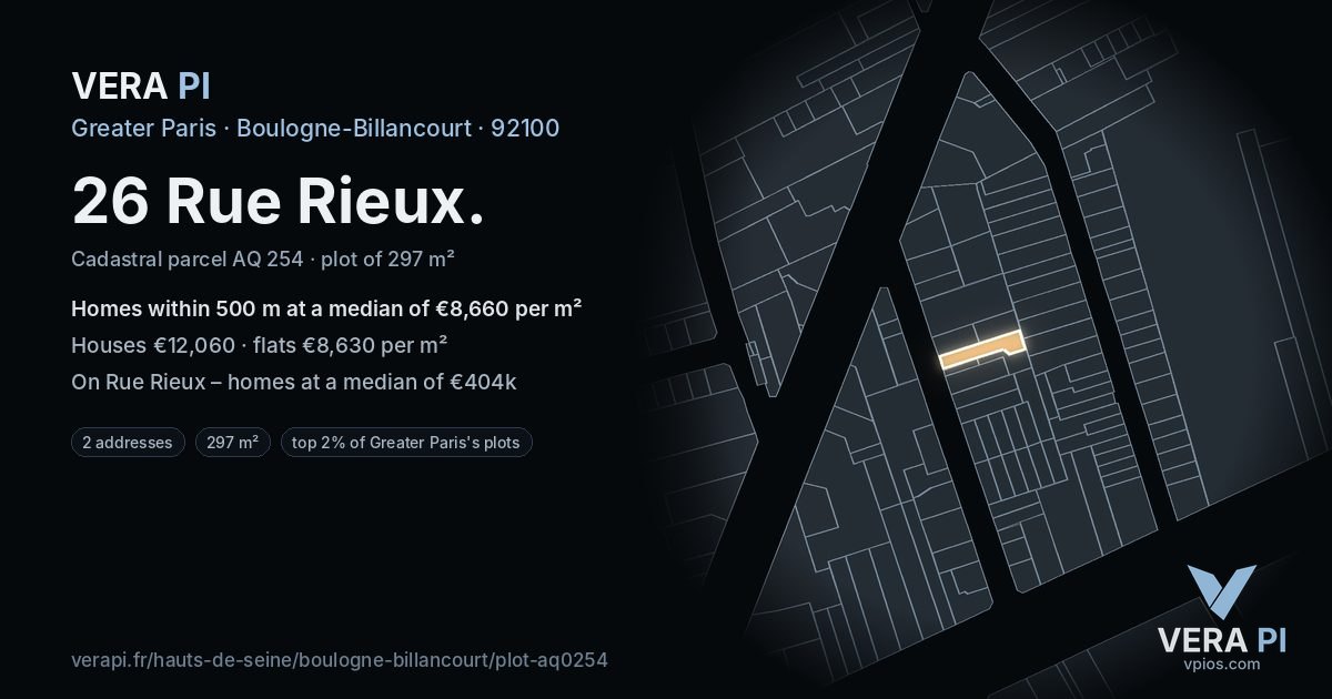 26 Rue Rieux, Boulogne-Billancourt at night – the plot lit, the parcels around coloured by the prices near them