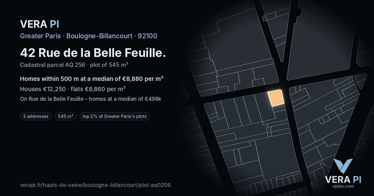 42 Rue de la Belle Feuille, Boulogne-Billancourt at night – the plot lit, the parcels around coloured by the prices near them
