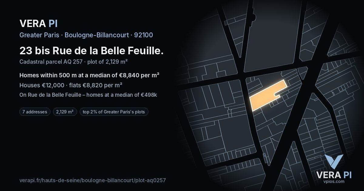 23 bis Rue de la Belle Feuille, Boulogne-Billancourt at night – the plot lit, the parcels around coloured by the prices near them