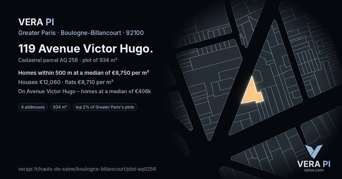 119 Avenue Victor Hugo, Boulogne-Billancourt at night – the plot lit, the parcels around coloured by the prices near them