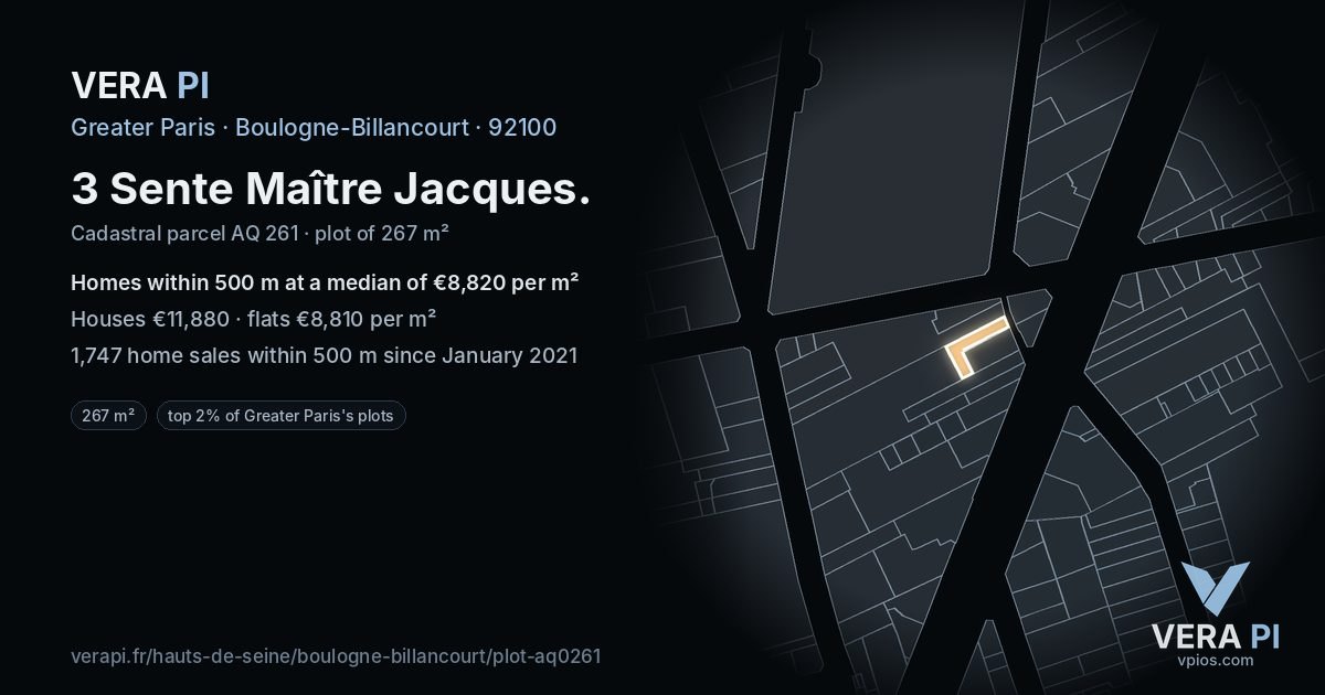 3 Sente Maître Jacques, Boulogne-Billancourt at night – the plot lit, the parcels around coloured by the prices near them