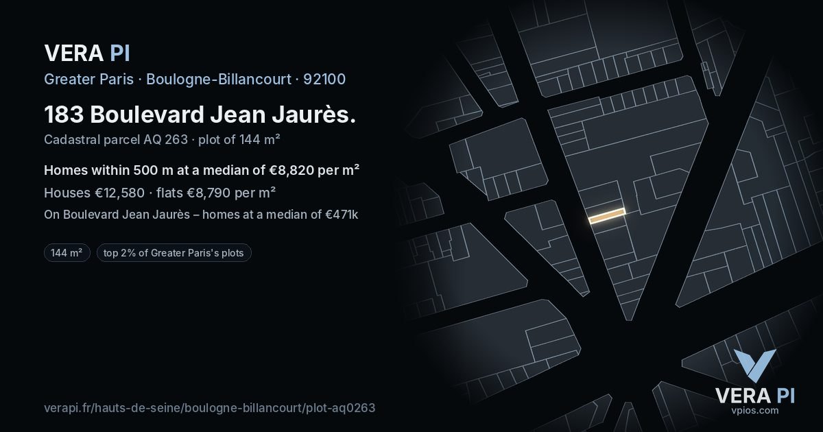 183 Boulevard Jean Jaurès, Boulogne-Billancourt at night – the plot lit, the parcels around coloured by the prices near them