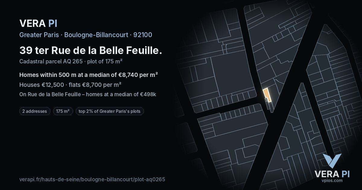 39 ter Rue de la Belle Feuille, Boulogne-Billancourt at night – the plot lit, the parcels around coloured by the prices near them
