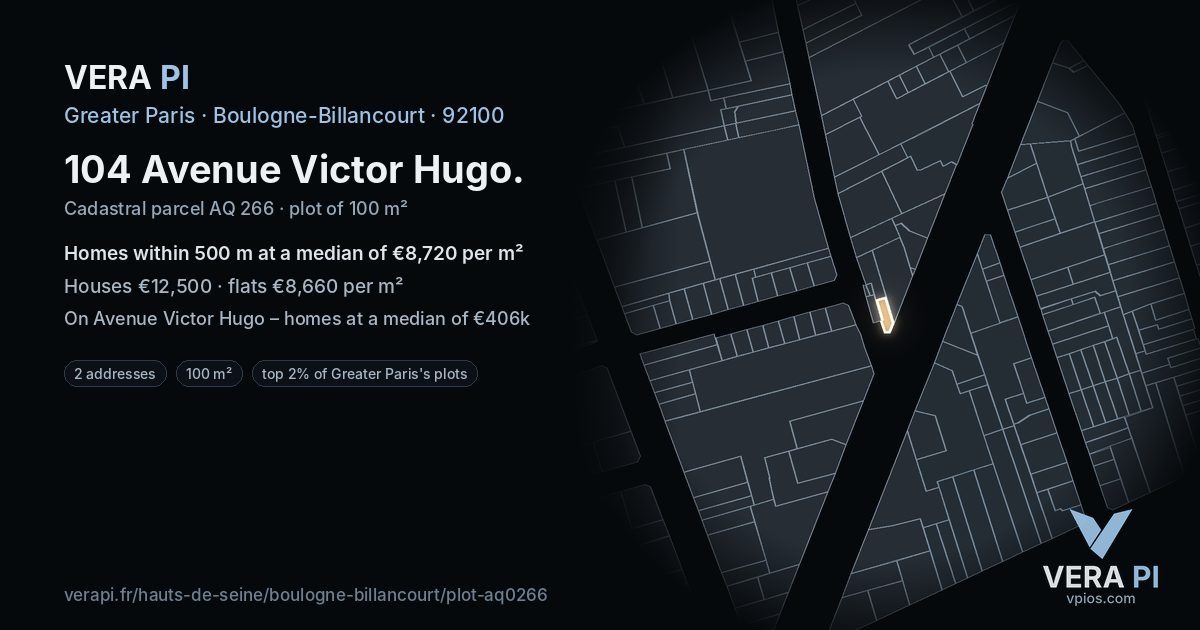 104 Avenue Victor Hugo, Boulogne-Billancourt at night – the plot lit, the parcels around coloured by the prices near them