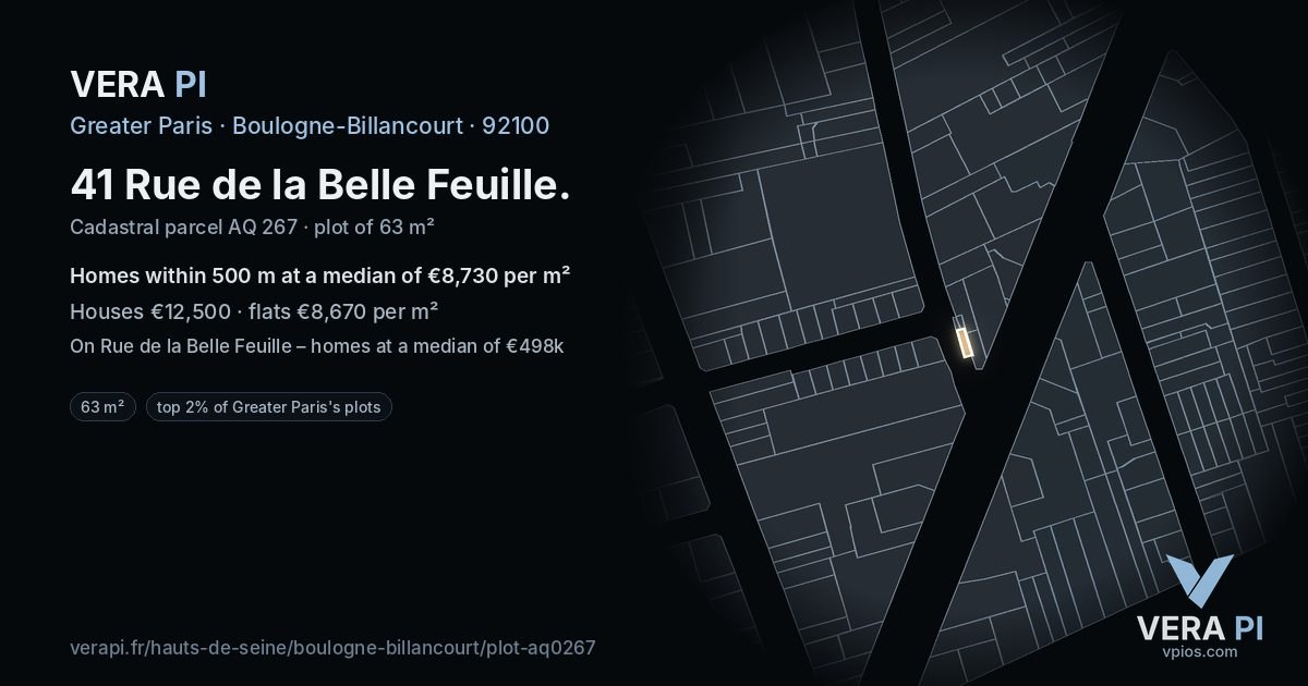 41 Rue de la Belle Feuille, Boulogne-Billancourt at night – the plot lit, the parcels around coloured by the prices near them