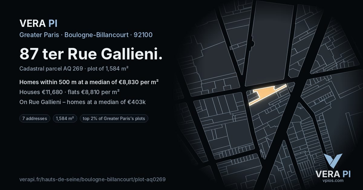 87 ter Rue Gallieni, Boulogne-Billancourt at night – the plot lit, the parcels around coloured by the prices near them