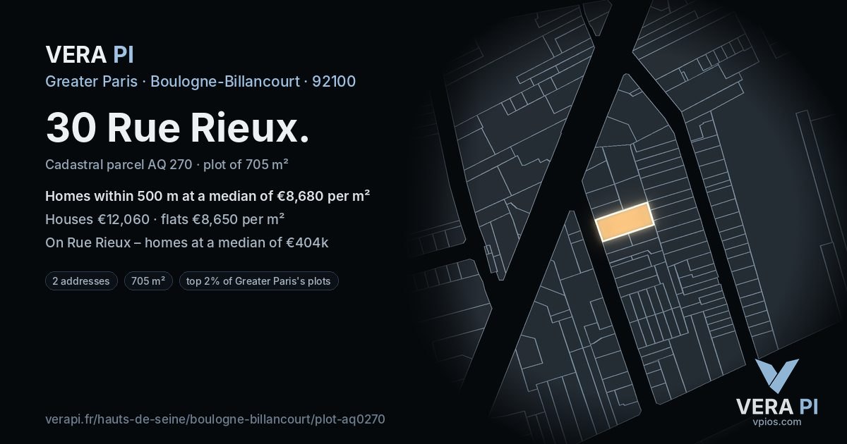 30 Rue Rieux, Boulogne-Billancourt at night – the plot lit, the parcels around coloured by the prices near them