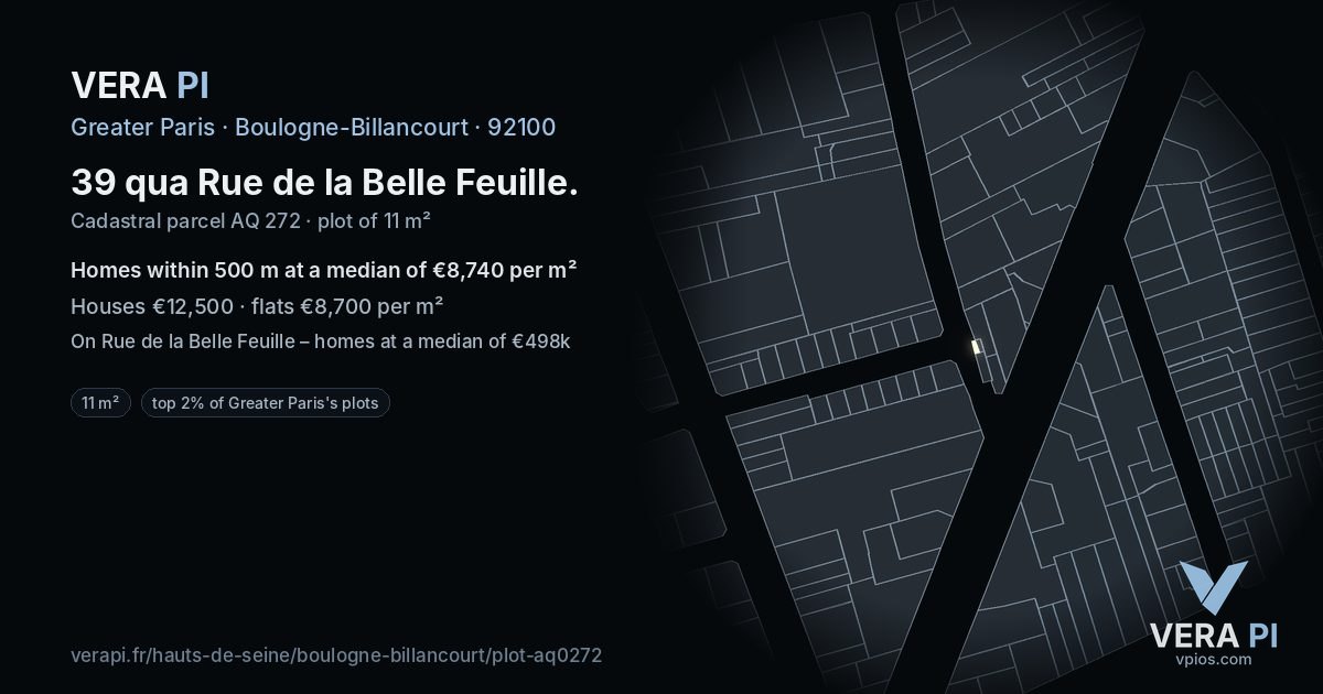 39 qua Rue de la Belle Feuille, Boulogne-Billancourt at night – the plot lit, the parcels around coloured by the prices near them