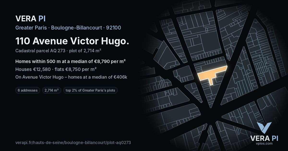 110 Avenue Victor Hugo, Boulogne-Billancourt at night – the plot lit, the parcels around coloured by the prices near them
