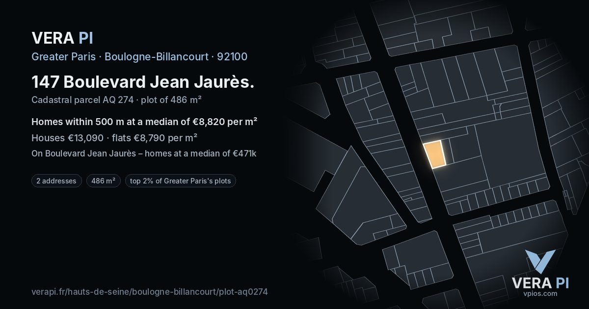147 Boulevard Jean Jaurès, Boulogne-Billancourt at night – the plot lit, the parcels around coloured by the prices near them