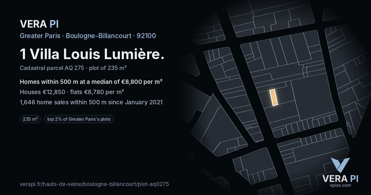1 Villa Louis Lumière, Boulogne-Billancourt at night – the plot lit, the parcels around coloured by the prices near them