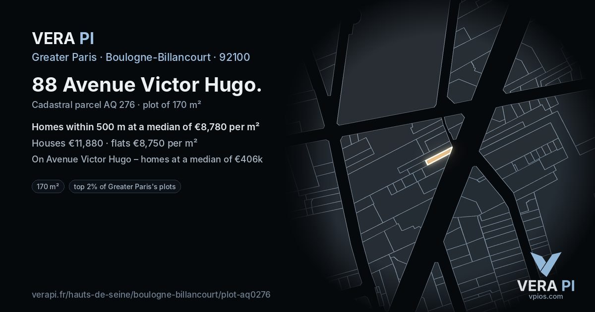 88 Avenue Victor Hugo, Boulogne-Billancourt at night – the plot lit, the parcels around coloured by the prices near them