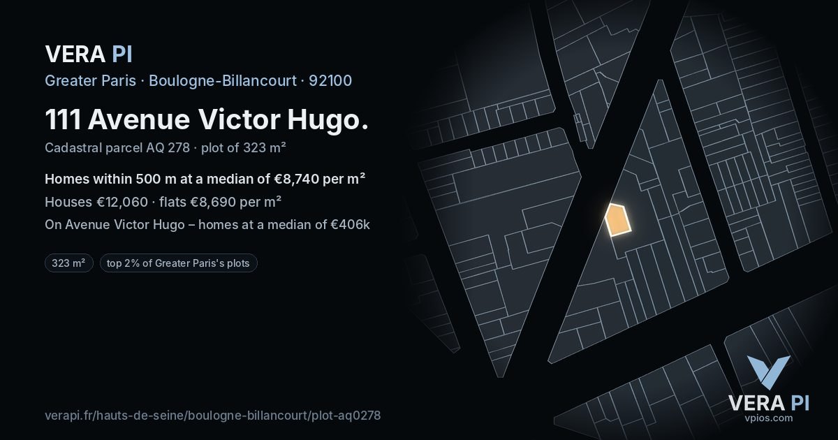 111 Avenue Victor Hugo, Boulogne-Billancourt at night – the plot lit, the parcels around coloured by the prices near them