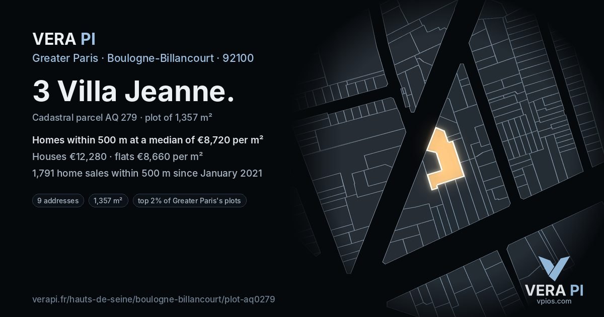 3 Villa Jeanne, Boulogne-Billancourt at night – the plot lit, the parcels around coloured by the prices near them