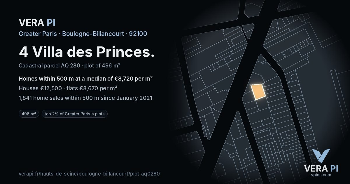 4 Villa des Princes, Boulogne-Billancourt at night – the plot lit, the parcels around coloured by the prices near them