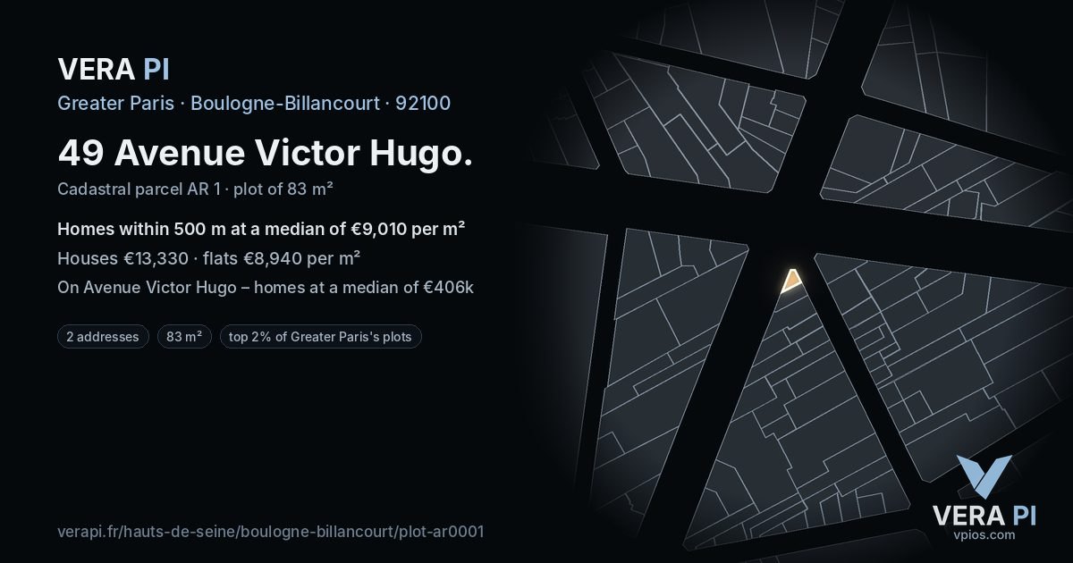 49 Avenue Victor Hugo, Boulogne-Billancourt at night – the plot lit, the parcels around coloured by the prices near them