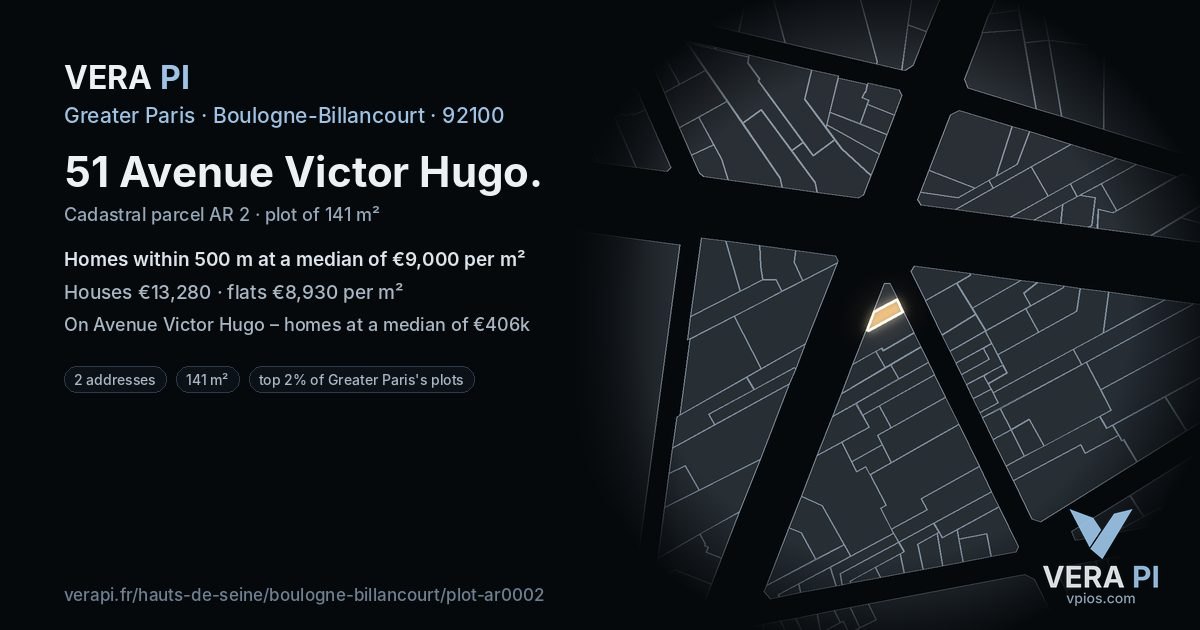 51 Avenue Victor Hugo, Boulogne-Billancourt at night – the plot lit, the parcels around coloured by the prices near them