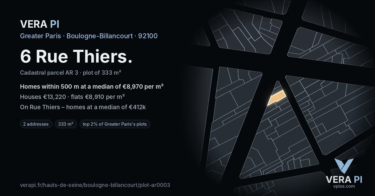 6 Rue Thiers, Boulogne-Billancourt at night – the plot lit, the parcels around coloured by the prices near them