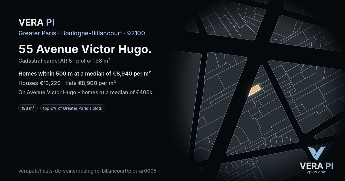 55 Avenue Victor Hugo, Boulogne-Billancourt at night – the plot lit, the parcels around coloured by the prices near them