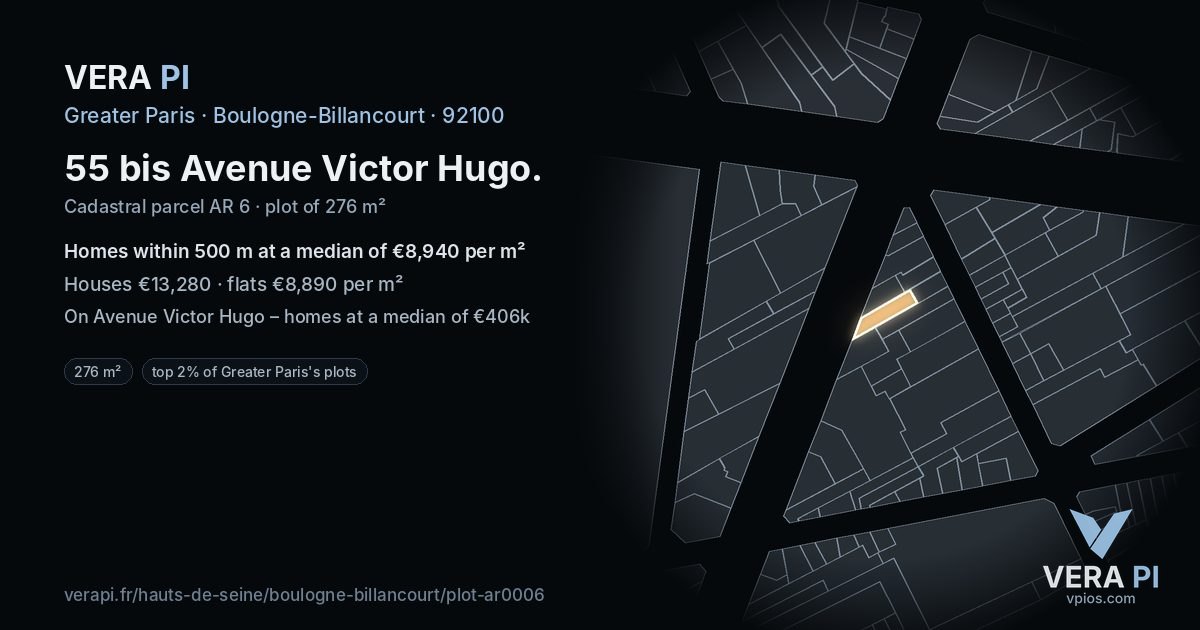 55 bis Avenue Victor Hugo, Boulogne-Billancourt at night – the plot lit, the parcels around coloured by the prices near them