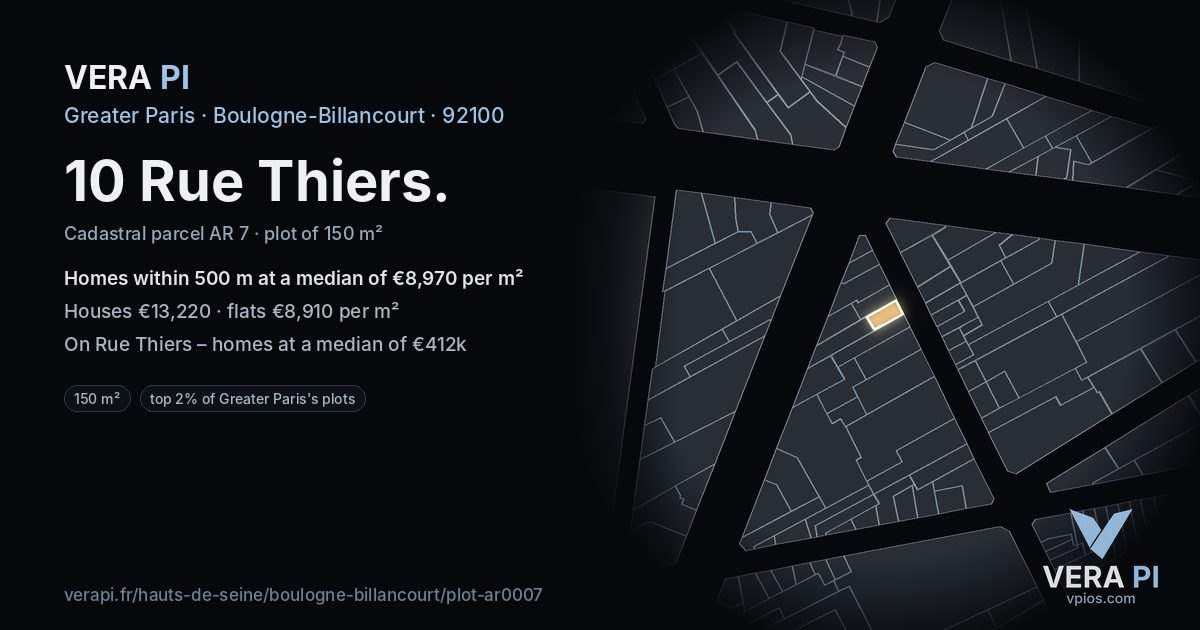 10 Rue Thiers, Boulogne-Billancourt at night – the plot lit, the parcels around coloured by the prices near them