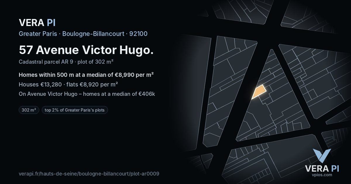 57 Avenue Victor Hugo, Boulogne-Billancourt at night – the plot lit, the parcels around coloured by the prices near them