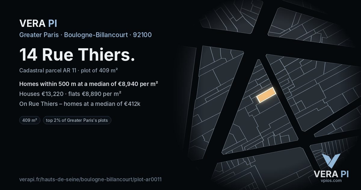 14 Rue Thiers, Boulogne-Billancourt at night – the plot lit, the parcels around coloured by the prices near them