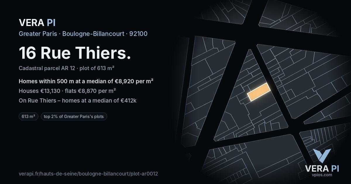 16 Rue Thiers, Boulogne-Billancourt at night – the plot lit, the parcels around coloured by the prices near them