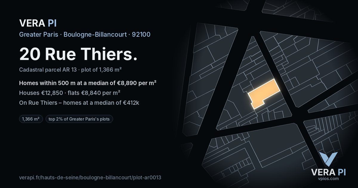 20 Rue Thiers, Boulogne-Billancourt at night – the plot lit, the parcels around coloured by the prices near them