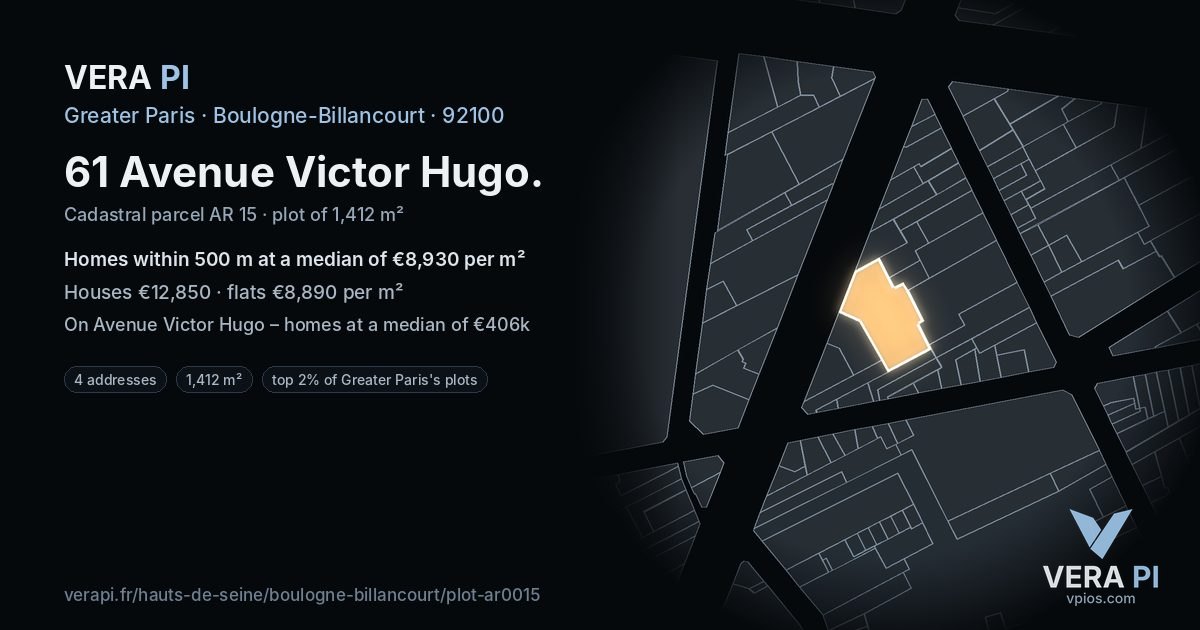 61 Avenue Victor Hugo, Boulogne-Billancourt at night – the plot lit, the parcels around coloured by the prices near them